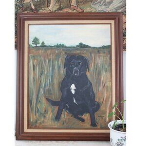 Original Vintage Acrylic Painting of Black Dog Signed 1986